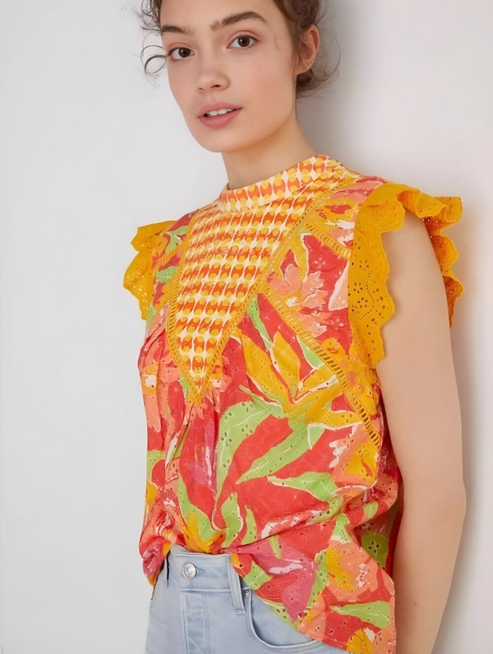 NWT Anthro Verb Eyelet Floral Colorful Ruffle Pink Orange Top, L